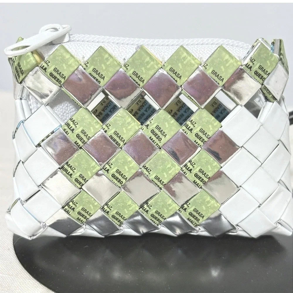 Handcrafted Upcycled Woven Coin Purse‎ Green Silver White Recycled Wrapper Bag